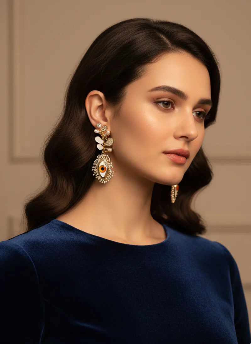 Evil Eye Leaf Drop Earrings | Gold-Plated Protective Statement Jewellery