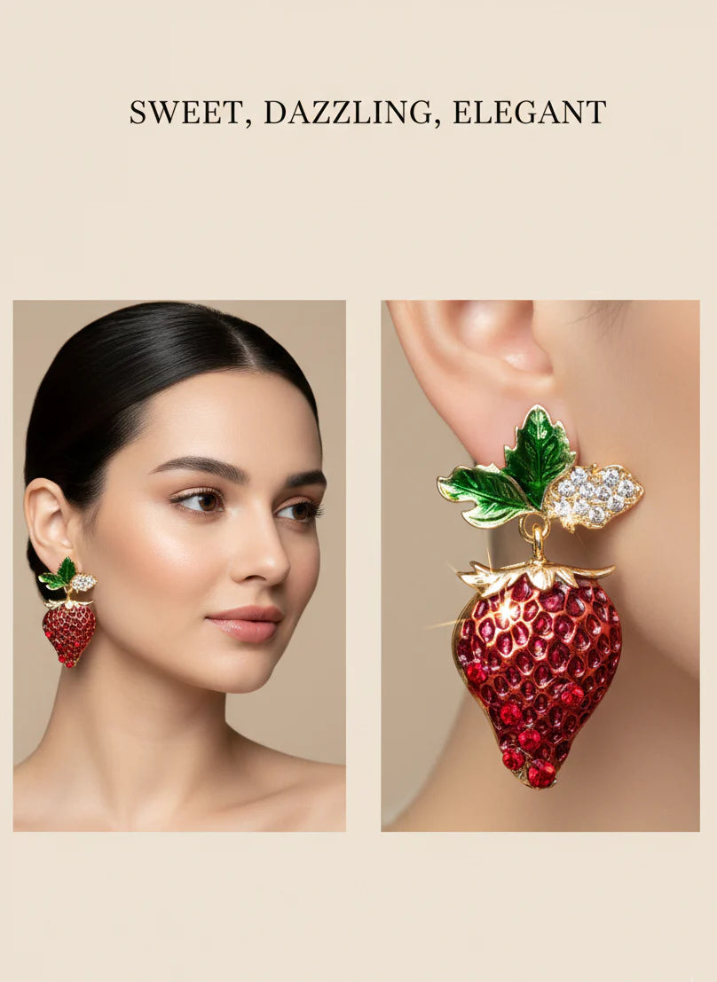 Scarlet Strawberry Earrings | Gold-Tone Playful Statement Jewellery