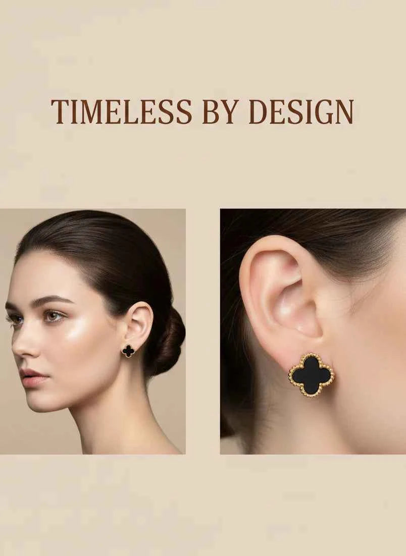Black Enamel Clover Stud Earrings | 18K Gold-Tone Luxury Jewellery