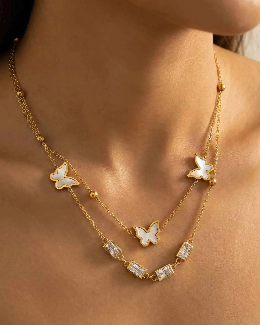 Butterfly Crystal Layered Necklace | Gold-Tone Finish