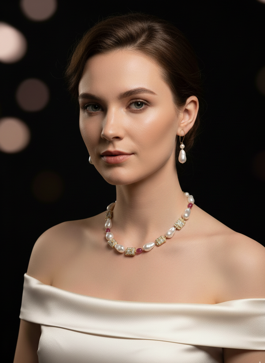 Prexela Royal Radiance Pearl & Ruby Crystal Necklace Set | Luxury Gold-Plated Jewellery for Women