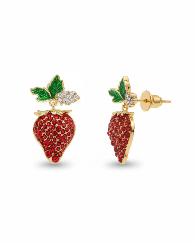 Scarlet Strawberry Earrings | Gold-Tone Playful Statement Jewellery