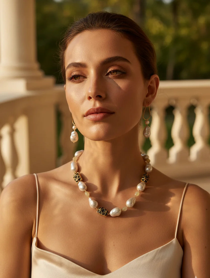 Noir Pearl Majesty Necklace Set | Luxury Baroque Pearl & Enamel Gold-Plated Jewellery