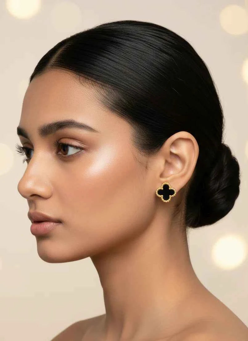 Black Enamel Clover Stud Earrings | 18K Gold-Tone Luxury Jewellery