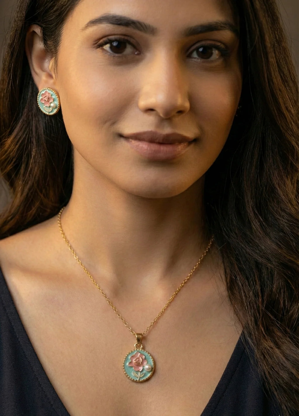 Hand-Painted Floral Jewellery Set | Necklace & Earrings in Golden Bloom