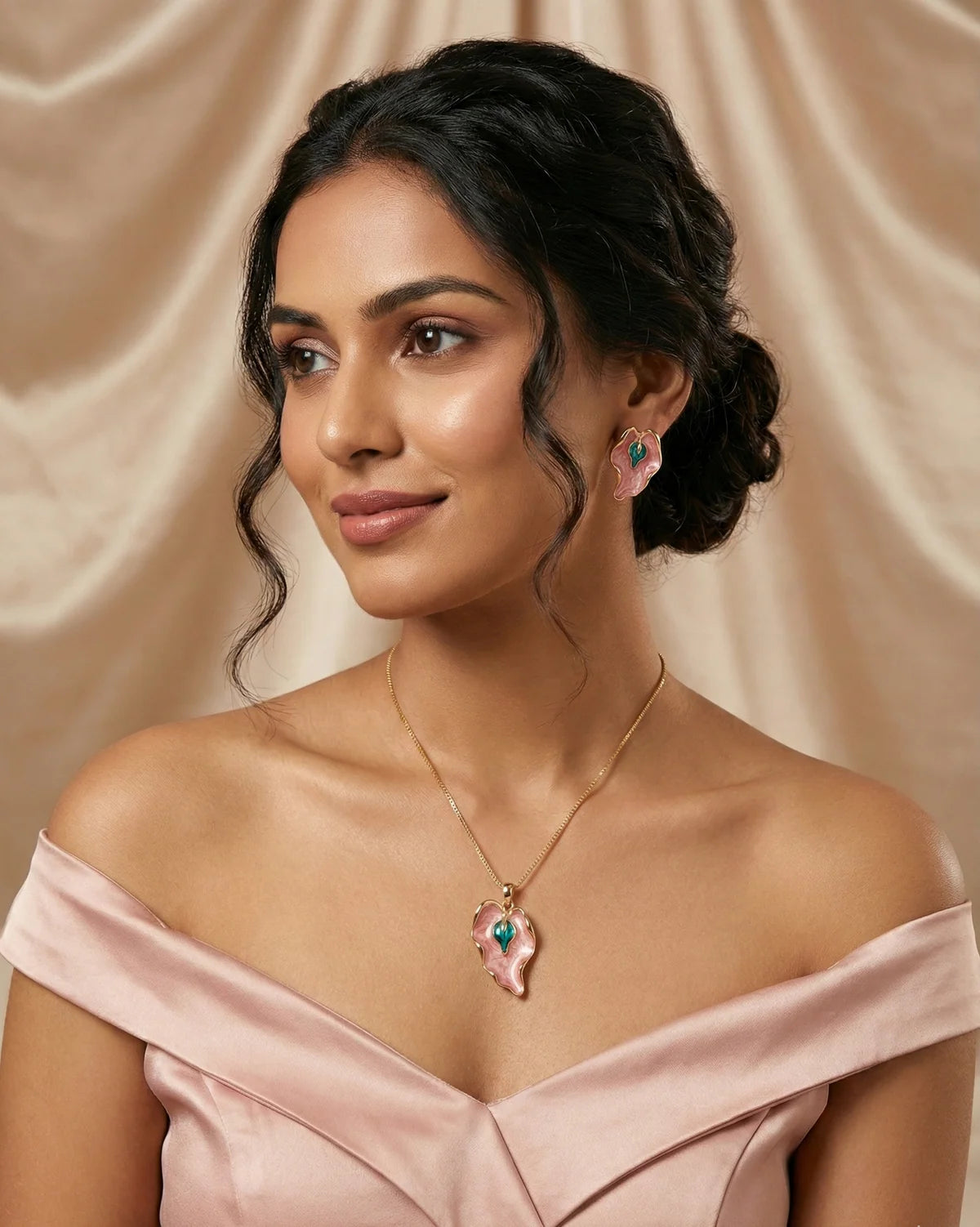 Pink Enamel Leaf Pendant Set | Gold-Tone Finish