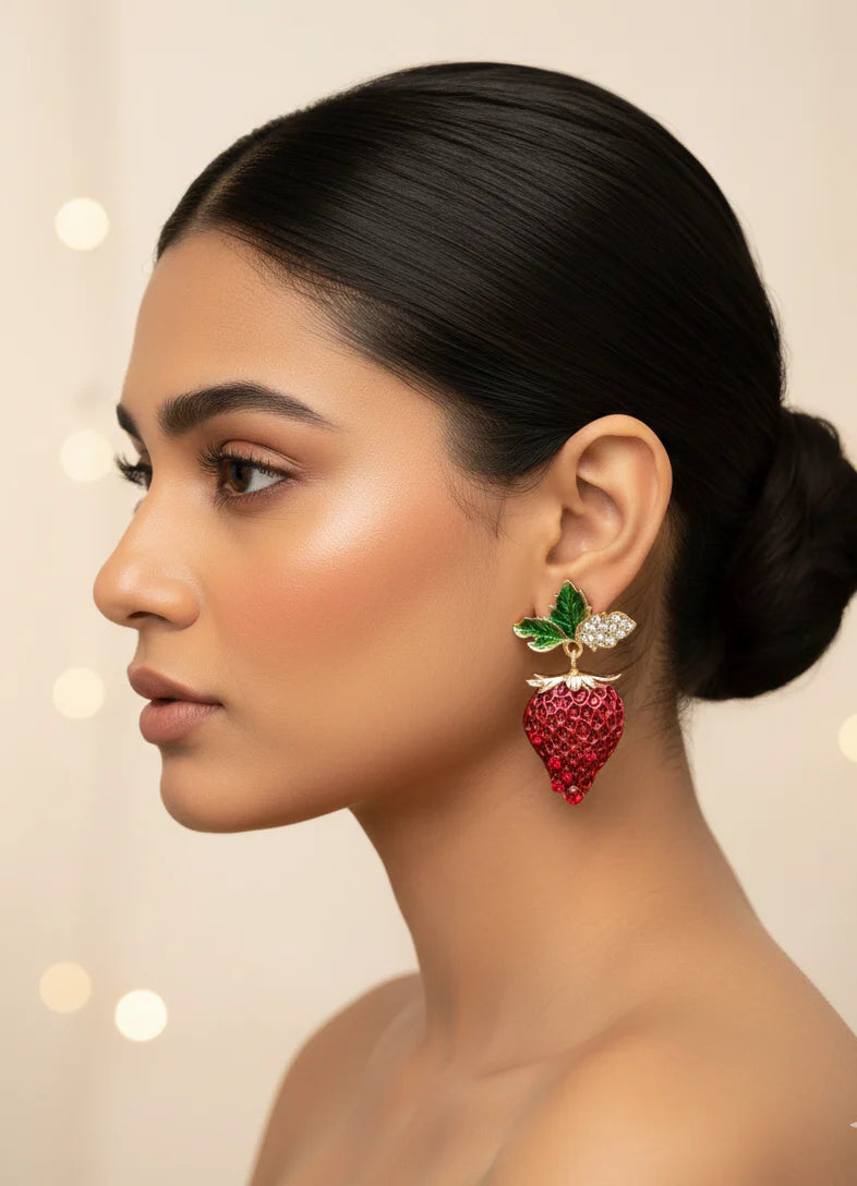 Scarlet Strawberry Earrings | Gold-Tone Playful Statement Jewellery