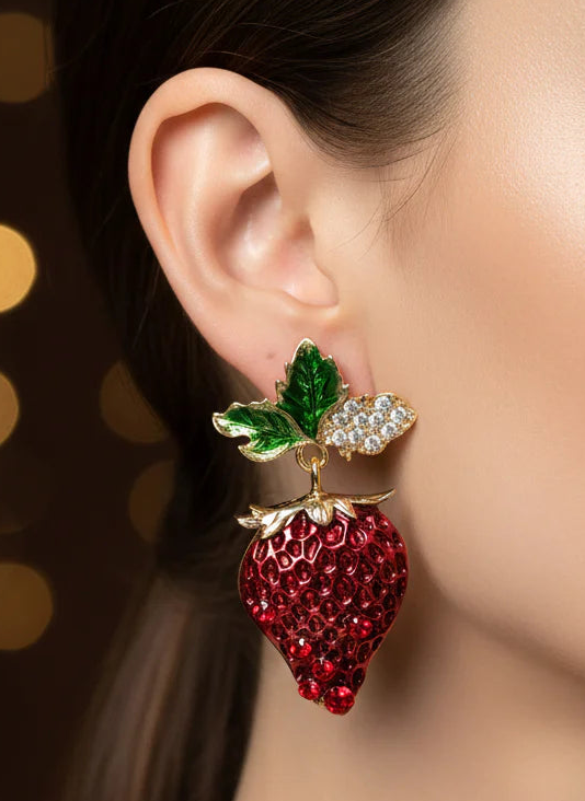 Scarlet Strawberry Earrings | Gold-Tone Playful Statement Jewellery