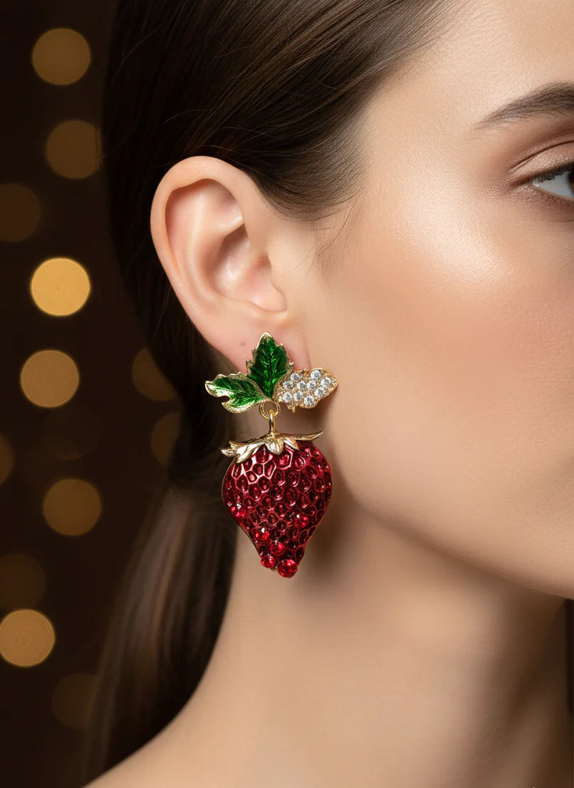 Scarlet Strawberry Earrings | Gold-Tone Playful Statement Jewellery