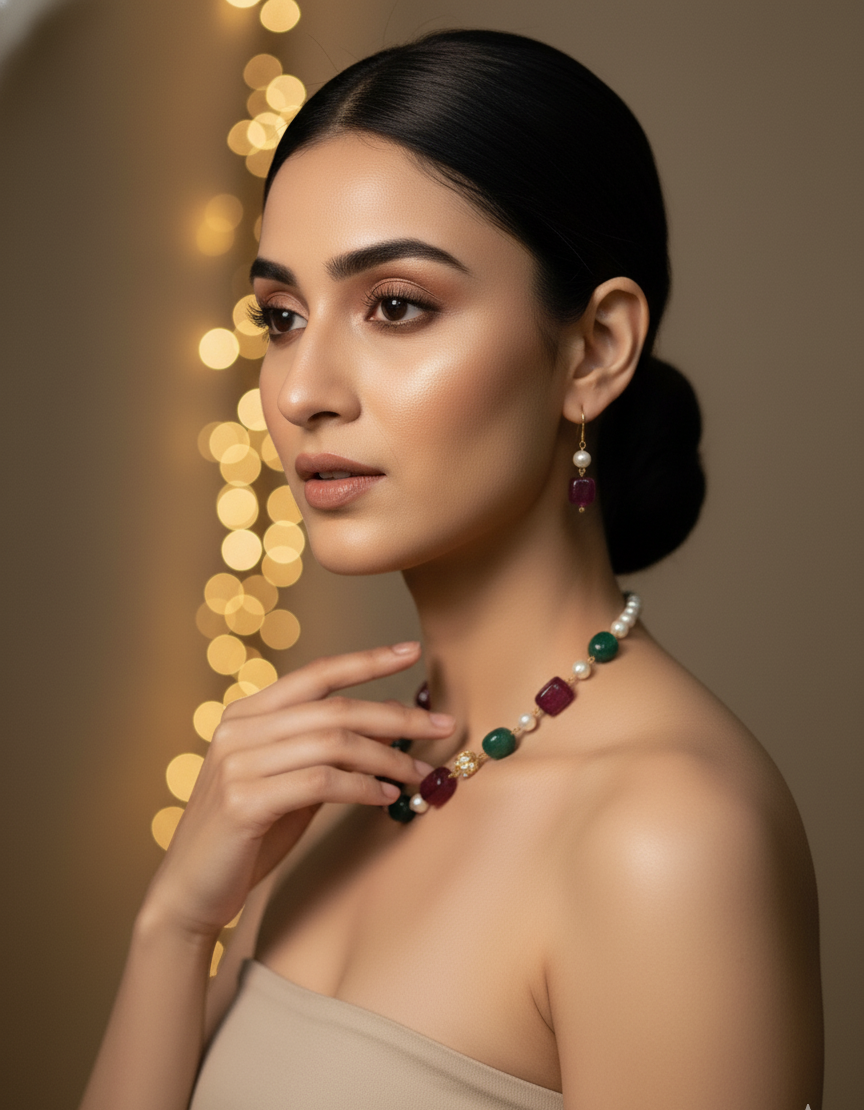 Prexela Regal Harmony Ruby & Emerald Pearl Necklace Set | Luxury Gold-Plated Traditional Jewellery for Women