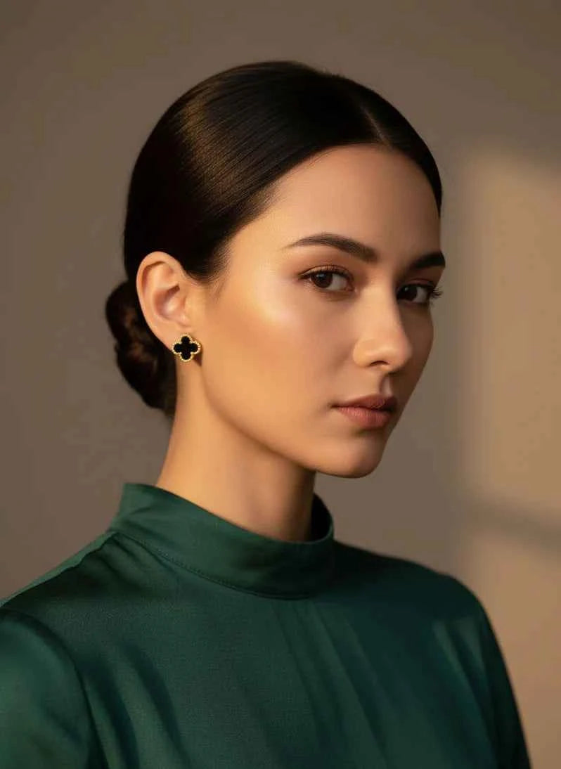 Black Enamel Clover Stud Earrings | 18K Gold-Tone Luxury Jewellery