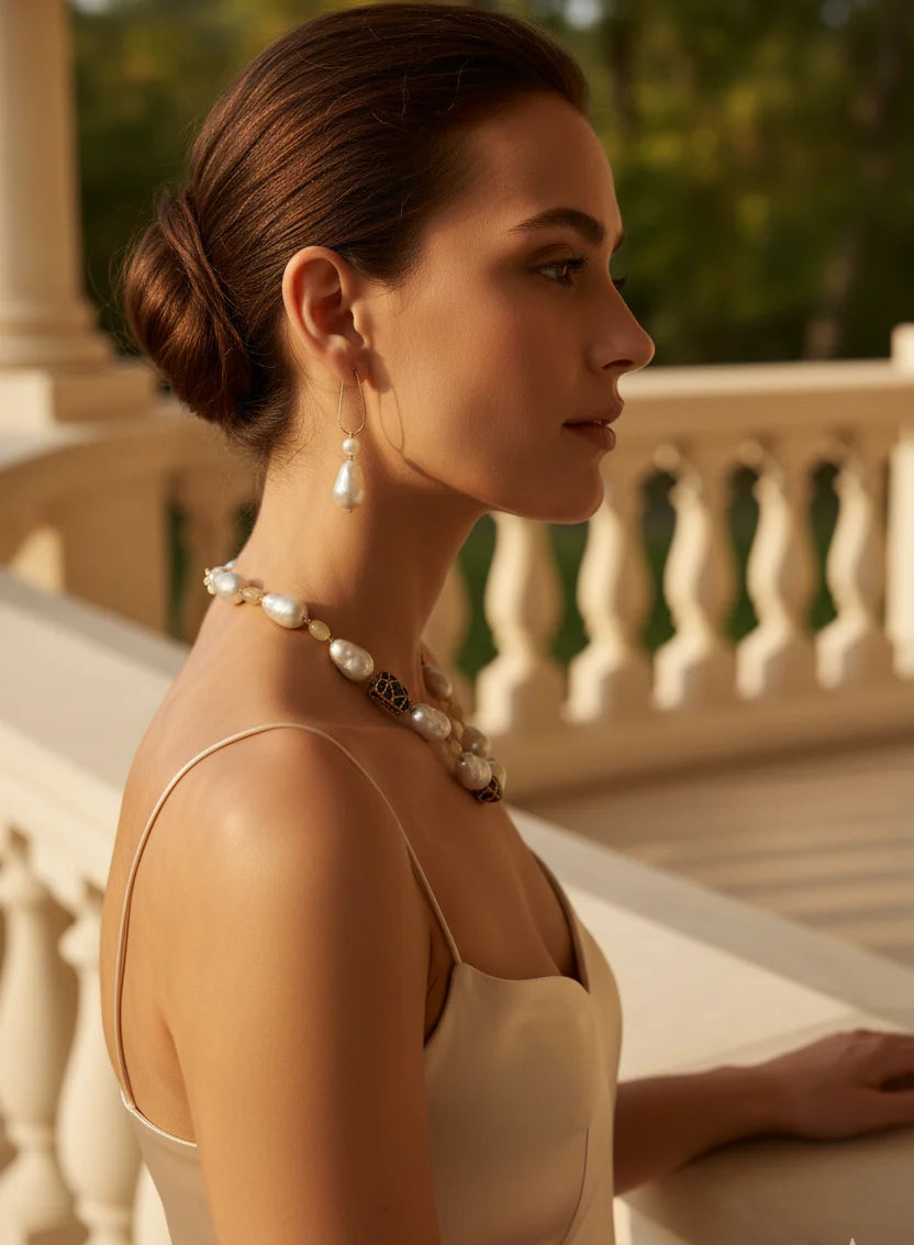 Noir Pearl Majesty Necklace Set | Luxury Baroque Pearl & Enamel Gold-Plated Jewellery